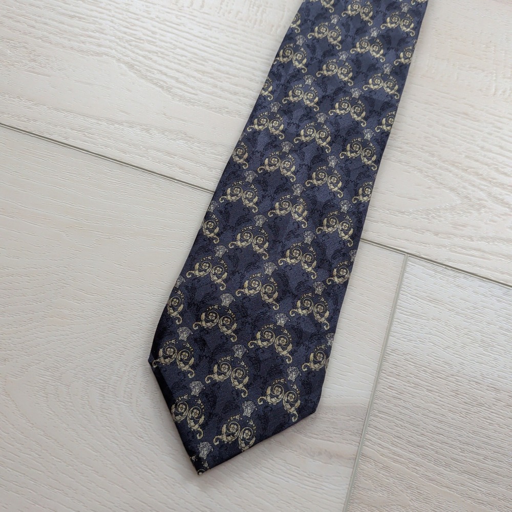 Versace Mens Silk Tie Navy Blue Gold Baroque Medusa Head Made in Italy